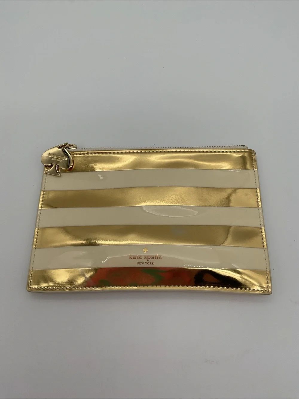 kate spade Metallic Gold and Cream Striped Zip Pencil Pouch